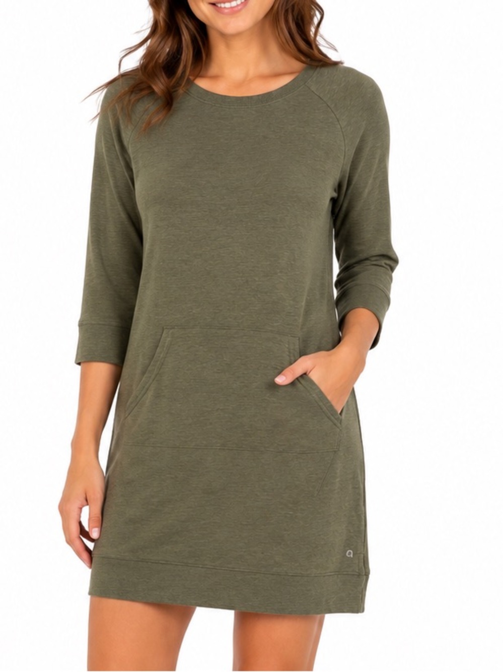 Hyba Casual Olive Green Midi Dress with Front Pocket